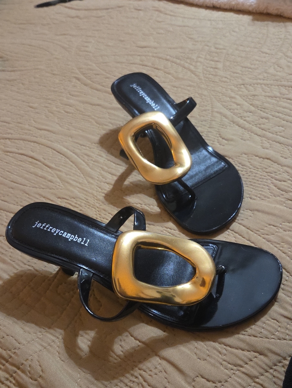 Jeffrey Campbell Black Slide Sandals with Gold Accent Buckles